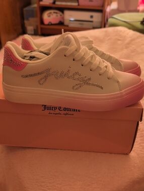 Juicy Couture White Sneakers with Pink Gradient Sole and Rhinestone Script